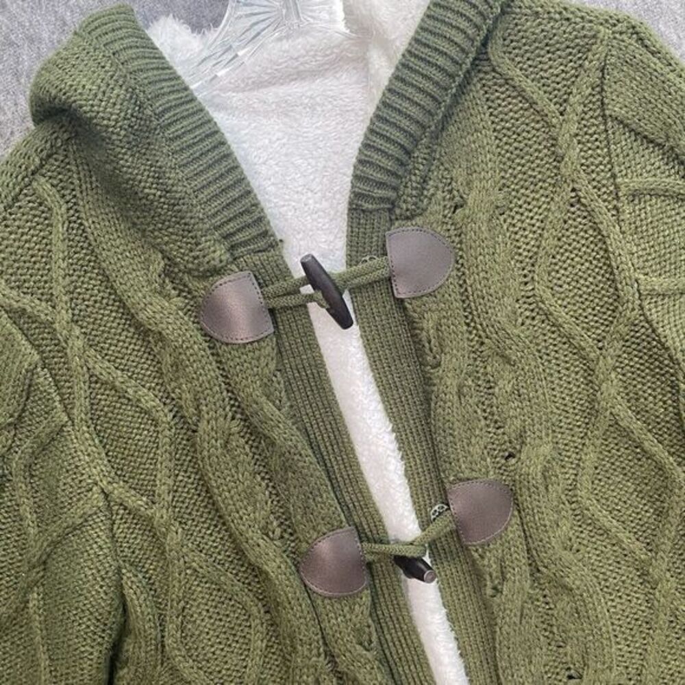 Women's Small‎ Green Knit Winter Cardigan Sweater Coat Sherpa Fur Lined Hoodie